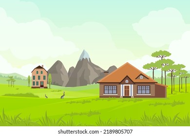 Summer Country Side Landscape Nature And Mountain Vector