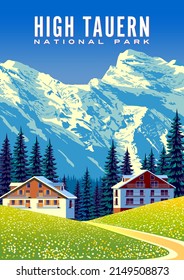 Summer countryside in Austria with traditional houses and mountains in the background. High Tauern National park poster. Handmade drawing vector illustration.