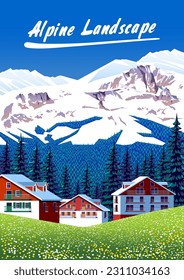 Summer countryside in Austria with traditional houses and mountains in the background. Handmade drawing vector illustration.