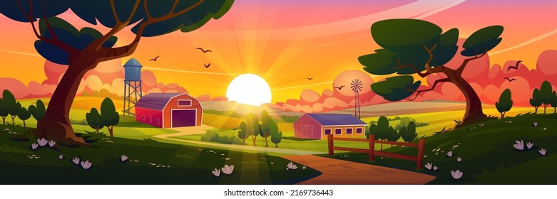 Summer countryside with farm barn, windmill, water tower and agriculture fields at sunset. Vector cartoon illustration of rural landscape of farmland with wooden shed, road and trees