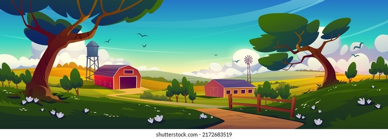 Summer countryside with farm barn, windmill, water tower and agriculture fields. Vector cartoon illustration of rural landscape of farmland with wooden shed, road and green trees svg