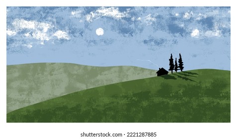 Summer Countryside with Green Hills, Blue Sky, Trees and Little House. Simple Hand Drawn Vector Illustration with Rural Landcape, Grassfield and Blue Sunny Sky. 