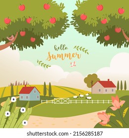 Paisaje rural de verano con casas, árboles y ovejas. Bonita naturaleza rural. Vista al campo. Cuta ilustración vectorial del hermoso paisaje de campo con colinas verdes, cielo de estilo plano.