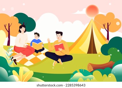 Summer couple camping outdoors with trees and plants in the background, vector illustration