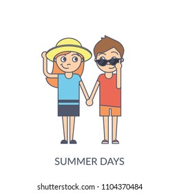 Summer couple. Cartoon flat vector illustration of young girl and boy holding hands and looking to each other wearing summer hat and sunglasses. Flirting teenagers isolated on white background