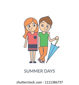 Summer couple. Cartoon flat vector illustration of young girl and boy standing with umbrella, hugging and looking to each other. Smiling teenagers isolated on white background