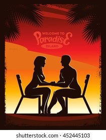 Summer couple. Sunset on the beach with calligraphic font and silhouettes of loving man and woman sitting on beach chairs.