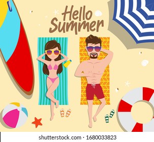 Summer couple vector concept design. Hello summer text with female and male characters sun bathing with beach element of surf board, beach ball, lifebuoy and umbrella in sand background.