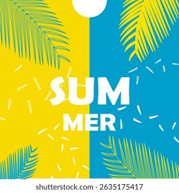 É uma capa de verão com hastes de coco bicolores e folhas de coco voando no ar.