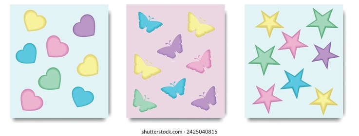 Conjunto de vectores de portada de verano. Póster de símbolo de verano decorar con corazón, estrella, mariposa, fondo degradado. Diseño para tarjeta de felicitación, moda, comercial, banner, invitación.