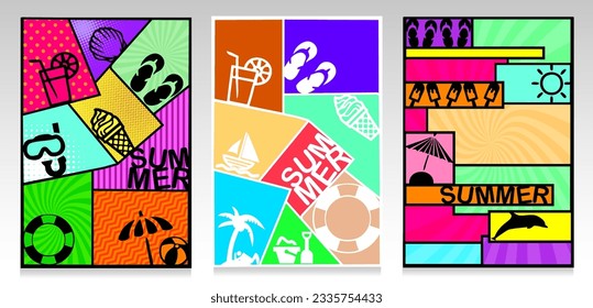 Summer covers set. Colorful pattern with silhouettes of drinks, beach, ice cream, umbrella and beach objects. Collection background, pop art style. 