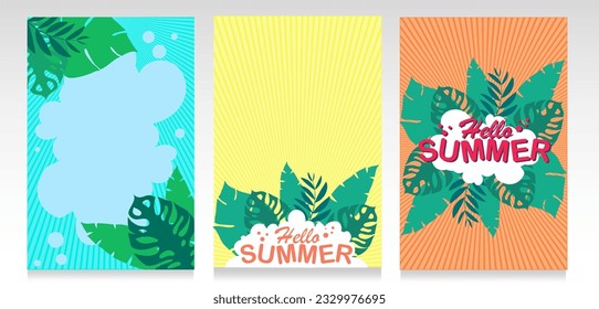 Summer covers set. Pastel colors with rays, exotic foliage and space for text and logo.