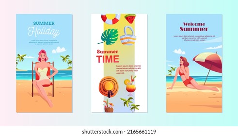 Summer covers set. Vector illustration card with pin up women chilling on the beach. Summer party. Cute Retro templates collection.