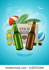 Summer craft beer poster. Two beer bottles on the summer background with wooden logo, palm trees, beach ball, umbrella, flip flops and sunglasses. Vector banner for beach bar.