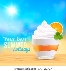 Summer creamy dessert with orange slice on sunny beach, vector illustration