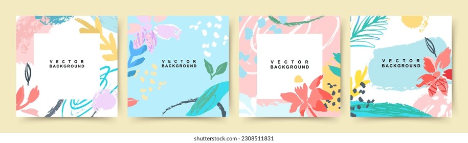 Summer creative artistic backgrounds. Trendy abstract graphic design with floral elements and texture. Editable vector template for postcard, banner, invitation, social media post, poster, cover