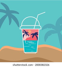 Sommer kreativer Hintergrund der Landschaft, Panorama von Meer und Strand auf Glas von Smoothie-Schüttelfrost.