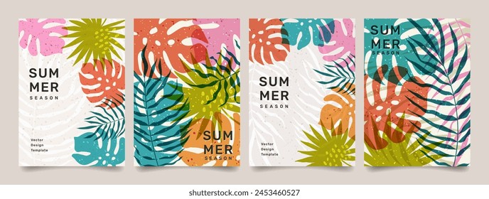 Summer creative backgrounds with tropical palm leaves. Modern abstract bright covers set, trendy minimal design. Jungle and beach theme. Vector illustration.