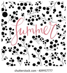Summer creative card or poster design. Floral decorations, leaves ornaments. Summer banners vector. Summer nature background. Hand drawn letters. Modern lettering card.  Hand written calligraphy