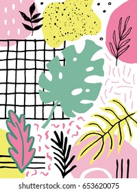 Composición creativa de verano con hojas de palma y otras flores de la selva. Texturas dibujadas a mano. Ilustración del vector