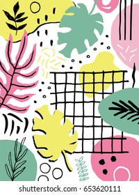 Summer creative composition with palm leaves and other jungle florals. Hand drawn textures. Vector illustration