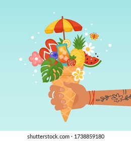 Summer creative concept with hand holding ice cream waffle cone and summer elements. Flat style cartoon vector illustration