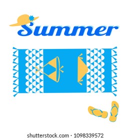 Summer creative design template. Beach, towel, swimsuit, slippers, hat. Vector illustration isolated on white background.

