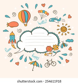 Summer creative design template. Vector. Retro ????. Frame with cartoon rocket, cloud, airship, parachute, bicycle. Vector illustration