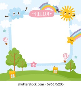 Summer creative frame. Illustration of cute summer background. Template for your text. Nature landscape, rainbow, air balloon.