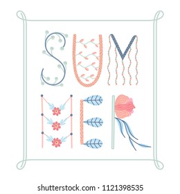 Summer. Creative hand drawn lettering with floral decorations. Summertime. Doodle in frame. Season of rest and travel. It can be used for poster, banner, card, invitation, sale. Vector, eps10