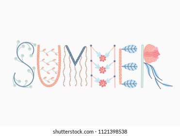 Summer. Creative hand drawn lettering with floral decorations. Summertime. Doodle. Season of rest and travel. It can be used for poster, banner, card, invitation, sale. Vector illustration, eps10