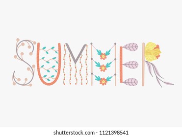 Summer. Creative hand drawn lettering with floral decorations. Summertime. Doodle. Season of rest and travel. It can be used for poster, banner, card, invitation, sale. Vector illustration, eps10
