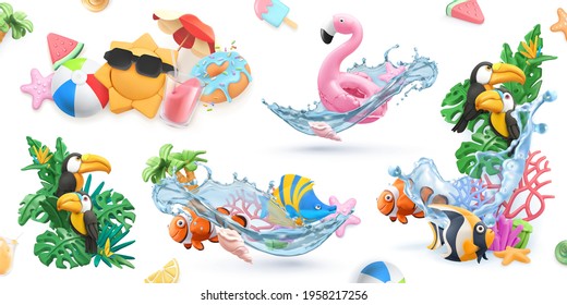 Summer creative icon set. 3d realistic vector high quality objects
