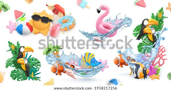 3d realistic vector high cartoon sea animals and objects