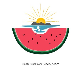 Ilustración creativa de verano. Pieza cortada de jugosa sandía madura con paisaje de verano en el fondo. Ilustración vectorial plana
