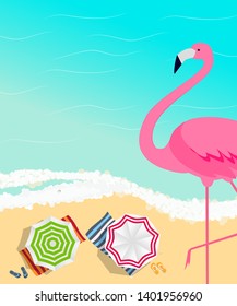 Summer Creative Poster with Pink Flamingo. Card of Invitation. Vector Illustration. EPS10