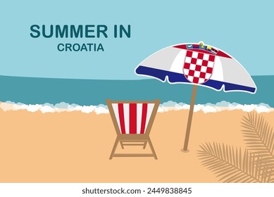 Summer in Croatia, beach chair and umbrella, vacation or holiday in Croatia, vacation concept vector design, summer holiday, sea sand sun, travel and tourism idea svg