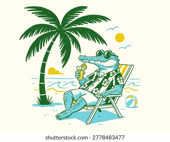 Summer crocodile at beach, tropical alligator vacation, hawaiian shirt reptile, ocean deck chair sunbath design, beach cocktail