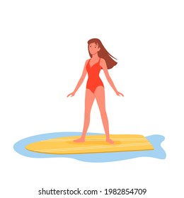 Summer cruise beach people, young woman in beachwear standing on surfboard and floating