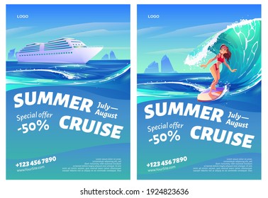Summer cruise posters with ship and surfer girl. Vector flyers with cartoon illustrations of tropical sea with passenger cruise liner and woman riding ocean wave on surf board