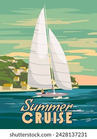 Summer Cruise Sailboat poster retro, sailing yacht on the ocean, sea, coast, palms. Tropical cruise, summertime travel vacation. Vector illustration vintage