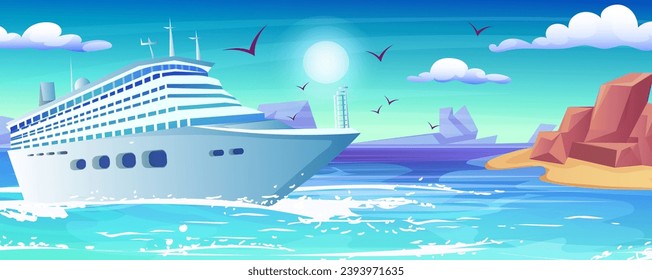 Summer cruise travel, sea liner, holiday vacation journey, tourist recreation, nautical voyage, cartoon sky, island coast. Vector illustration
