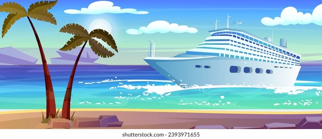 Summer cruise travel, sea liner, holiday vacation journey, tourist recreation, nautical voyage, cartoon sky, island coast with palm, summertime luxury resort. Vector illustration