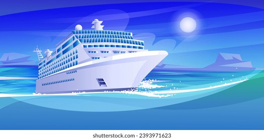 Summer cruise travel, sea ship liner at night, holiday vacation journey, tourist recreation, nautical voyage, cartoon sky, summertime luxury resort, mild moonlight. Vector illustration