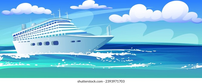 Summer cruise travel, sea ship liner, holiday vacation journey, tourist recreation, nautical voyage, cartoon sky, summertime luxury resort. Vector illustration