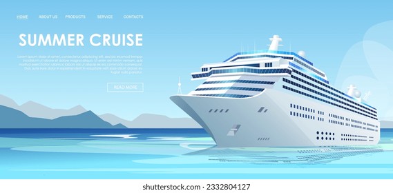 Summer cruise, travel, website, booking ticket, sea liner, vacation, holiday journey, advertising landing, recreation, tourist, web page, nautical voyage, cartoon, sky, island. Vector illustration