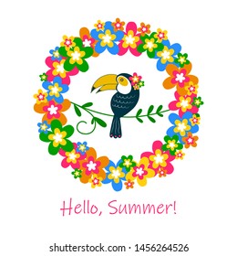 Summer cruise vacation travel.  Summer holidays. Colorful summer illustration. Summer cruise vacation travel. Floral logo. Flower vector. Beautiful parrot.