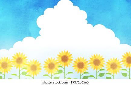 Summer cumulonimbus, blue sky and sunflower watercolor style vector illustration background (copy space)