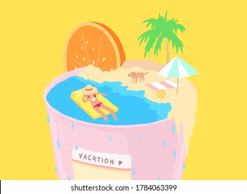 Summer cup concept, fun, cute and relax vacation illustration hand drawn style bright pastel color, fresh and cool drink under the sun