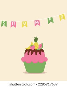 Summer Cupcake with Fruits and Chocolate Cream